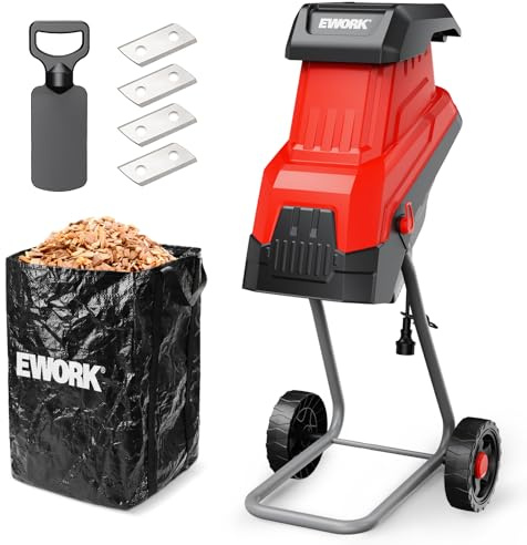 EWORK Trituradora eléctrica de madera, trituradora de 15 amperios con diámetro de corte de 1.77 pulgadas y tasa de reducción 15:1, trituradora trituradora trituradora incluye 2 cuchillas adicionales