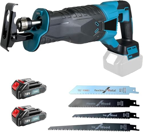Säbelsäge Akku 18V, 3500 SPM Akku-Reciprosäge, 4 Werkzeug -freie Installation Säbelsägeblätter, Elektrisch Reciprosäge für Holz und Metall, 2x3000mAh Batterien, Ersatz für Makita DJR186ZK