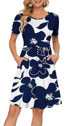 AUSELILY Dresses for Women UK Summer Dress Short Sleeve Wrap Dress Casual with Pockets Knee Length White Navy Flowers XXL