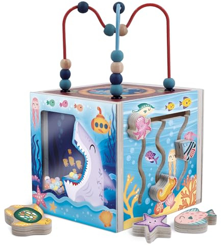 isciani - Montessori Wood - Cubo de Actividades sensorial Montessori para niños Desde 3 años - Juguete Educativo de Madera con 6 Actividades Tema océano - Motricidad Fina