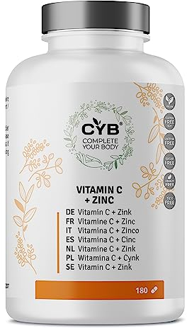 CYB | Vitamina C e Zinco Integratore Quotidiano Multivitaminico Vegano - Vitamina C 225 mg - Zinco 2,25 mg - 180 Compresse 6 Mesi di Fornitura - Vitamine e Minerali - senza Glutine né Lattosio