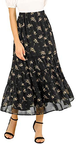 Allegra K Women's Floral Skirt Chiffon A-line Long Tiered Ruffle Boho Summer Midi Skirts Small Black