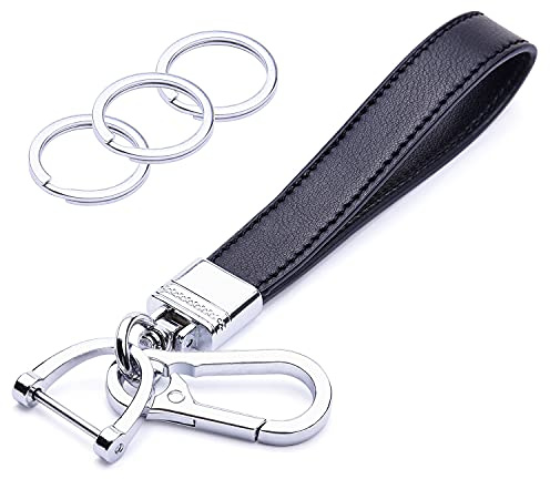 wisdompro Genuine Leather Car Keychain, Universal Heavy Duty Car Key FOB Key Chain Holder, leather Strap Keyrings for Car Keys with Anti-lost D-ring for Men & Women - Black