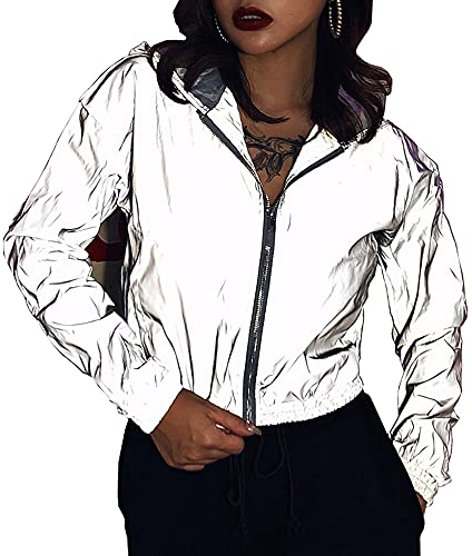 NewL Damen Reflektierender Hoodie Reißverschluss Kapuze Windbreaker Jacke Langarm, grau, S