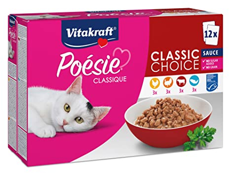 Vitakraft Poésie Classique, Nassfutter Katze, Katzennassfutter in Sauce, mit Huhn, mit Truthahn, mit Rind, mit Lachs, ohne Zusatz von Zucker und Getreide (1 Paket mit 12x 85g)