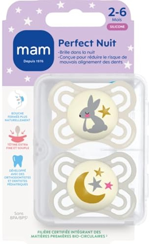 MAM | Perfect Nuit Schnuller 2-6 Monate (2 Stück) Zufällige Farbauswahl - Leuchtender Säuglingssauger aus Silikon - idealer Babyschnuller für eine gute Mundentwicklung