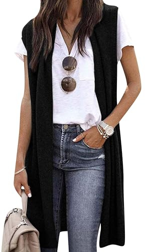 OMZIN Gilet Aperto Sul Davanti Donna Maniche Senza Con Colori Solidi Cappotto Leggero E Fresco Lungo Tunica Autunnale Nero Scuro M