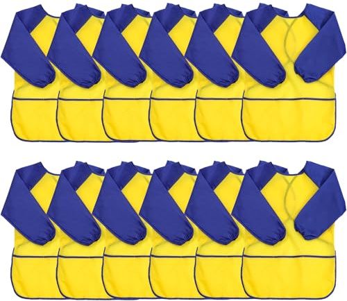 XIEJINJIA 12 Pack Kids Art Smock with Long Sleeve 3 Roomy Pockets Artist Children Play Aprons for Age 3-8 Painting Craft(Yellow)