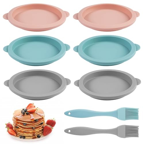 6 Piezas Molde Silicona Huevos Freidora de Aire con 2 Cepillo de Silicona, 10 cm Molde Redondo de Silicona para Tartas, Recipiente Air Fryer para Tapas de Muffins, Tostadas, Sándwiches