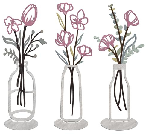 Shuqio Juego de 3 piezas de decoración de pared de metal con jarrones esculturas de pared, jarrón de pared rosa pastel para cocina, salón, pasillo, escritorio y mesa, decoración duradera para