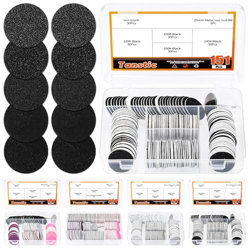Tanstic 150pcs (#80#120#150#180#240 Grit) Black Replacement Sandpaper Discs with 25mm Metal Nail Drill Bit Set, Foot File Sandpaper Discs, Pedicure Disc Foot Drill for Dead Skin Foot Callus Remover