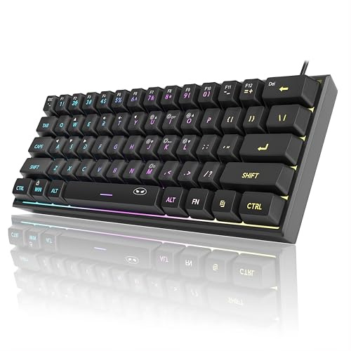 ELECTROMANIA Mini Gaming 60 % RGB-tangentbord - Ultrakompakt 61-tangentbord, tyst mekanisk känsla, IPX4 vattentät, ergonomisk, USB Plug & Play för PC-spel och kontor (modell TS91)