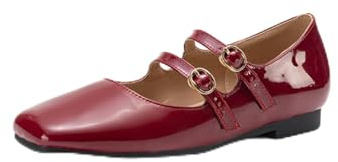 Genérico Mujer Charol Doble Correa Mary Jane Bailarinas Punta Cuadrada Hebilla Oro Detalle Zapatos Planos Cómodos Suela Antideslizante Fiesta