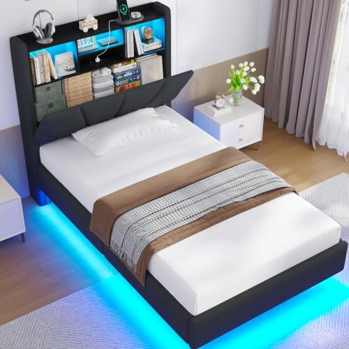 Brinlawb Lit Flottant 90x190 cm avec Dossier Rembourré pour la tête de lit et Rangement Caché, Lit 90x190 cm, Lit 1 Personne avec Éclairage LED et Multiprise (2 Prises AC, 1 USB-A, 1 USB-C) Lin Gris