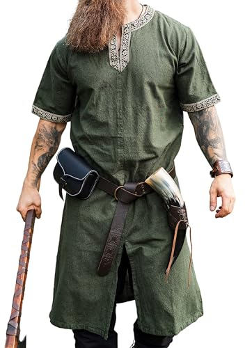 Leonardo Carbone® Kurzarm Tunika Richard - Mittelalter Kleidung Herren, Mittelalter Hemd, Freizeithemden Kurzarm, Karneval Kostüm Herren, Wikinger Tunika, LARP Kleidung - 100% Baumwolle Grün XL