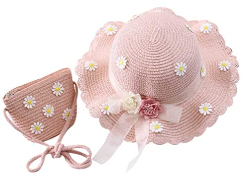 Mädchen Strohhut Gänseblümchen Sun Hut mit Schulter Strohbeutel Set Kinder Sommer Strand Tasche Welle Weit Sonnenscz strohtaschen Beanie Mütze Für Kleinkind