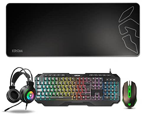 KROM KARRIER - Gaming Pack - Clavier à membrane RGB Rainbow LED, 19 touches Anti-Ghosting, souris optique 3600 dpi, casque stéréo 50mm, tapis de souris en caoutchouc antidérapant XXL, layout, noir