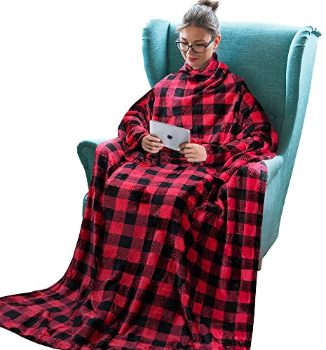 Catalonia Classy Tragbare Decke mit Ärmeln Geschenk für Erwachsene Frauen Männer, Extra Weiche Warme Kuschelige Mikroplüsch Leichte Fleece Kuschelige Körperdecke, TV Wrap Überwurf Decke mit Tasche
