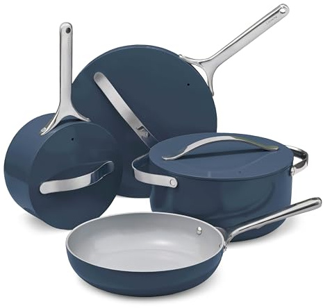 Caraway Nonstick Ceramic Cookware Set (12 Piece) Pots, Pans, Lids and Kitchen Storage - Non Toxic - Oven Safe & Compatible with All Stovetops - Navy