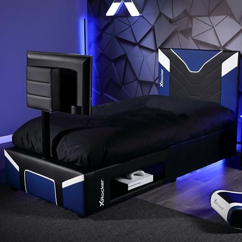 X-Rocker Cerberus Twist 3ft Single, Gaming Upholstered TV Bed Frame - Rotating 32 VESA Mount, Console Storage, Wooden Slats, Wipe-Clean Faux Leather for Kids & Teens - Blue - 90x190cm