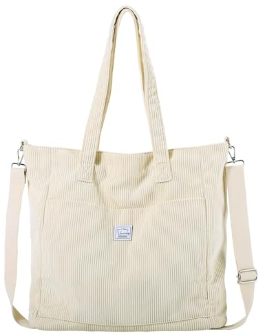 VASCHY Bolso Grande Mujer Universidad, Tote Bag Cremallera de Pana - Bolso para Ordenador Portátil, Trabajo y Viaje, Beige