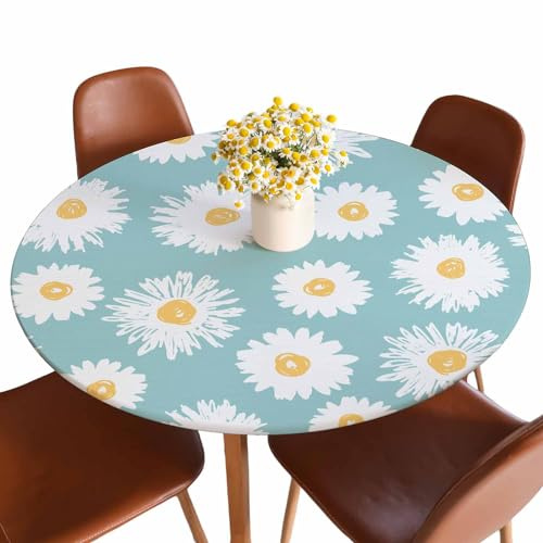 Guxxuil White Daisy Round Fitted Tablecloth Flowers Summer Plants Blue Elastic Edge Tablecloth Waterproof Oilcloth Table Cover for 40-44