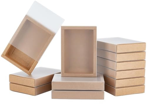 BENECREAT 16 Uds Caja de Cajón de Regalo Kraft con Tapa de Plástico Translúcido Caja de Cajón de Regalo con Ventana Esmerilada de PVC para Caja de Regalo de Boda, Embalaje de Joyería 13.8x9.7x2.5cm