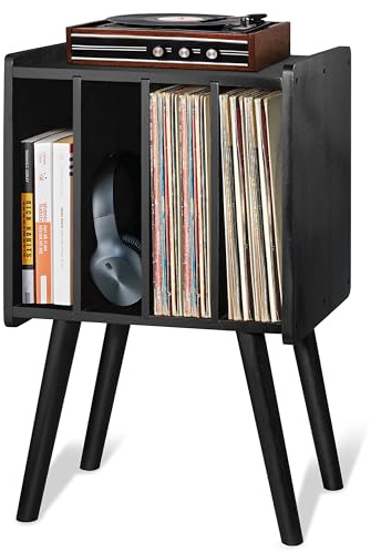 2BHOME Skivspelarstativ i trä, rymmer 100 LPs, naturligt acia vinylskivorganiseringsstativ med modern design i mitten av århundradet för filer/böcker (svart)