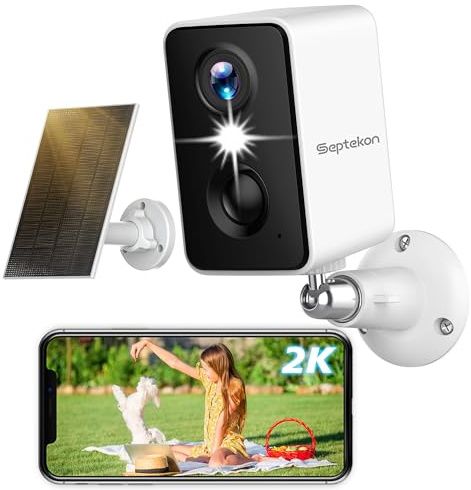 Septekon 2K Security Camera Outdoor Wireless,Flood Light WiFi Battery Camera with Solar Panel,PIR Human Detection with 3MP Color Night Vision, 2-Way Talk, IP66 Waterproof-White