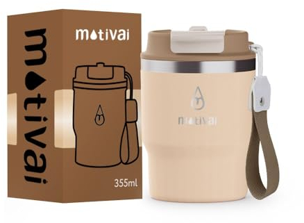 Motivai® Kaffeebecher To Go Creme 300ml | Thermobecher Edelstahl BPA-freier |12oz | Coffee to go becher | Thermotasse mit deckel | Travel Mug | Thermosbecher klein | Spülmaschinenfest | Teebecher