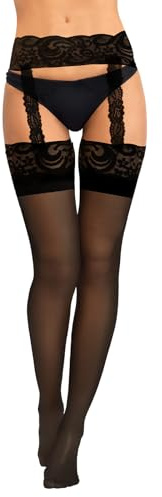 Stockings for Women Black with Garter Belt and Suspender Straps Stockings Hold Ups Plain Top Seamed Sheer Floral Lace Top Stockings for Suspenders Glossy Stretch High Tights for Valentine's Day