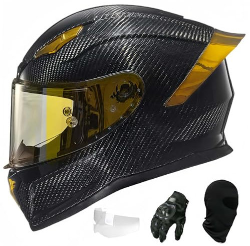 BDBRHFG Kohlefaser-Motorradhelm, ECE/DOT-zertifiziert, Integrierter Helm für Damen und Herren, Anti-Beschlag-Spiegel, Anti-Kollisions-Helm, Größe XL61-62CM