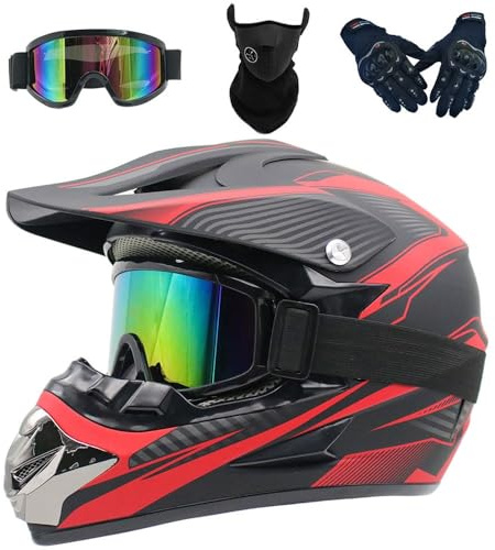 Casco da Motocross Casco ATV Offroad Casco Dirt Bike Per Giovani Unisex Casco da Moto Con Guanti Occhiali Mascherina Approvato DOT(B red,XL (58-59cm))