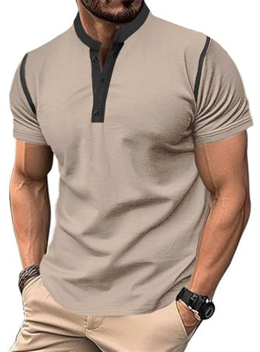 Rayson Camisetas Hombre de Verano Camisetas Manga Corta Hombre Camisa Henley Tshirt Henley Casuales de Color Sólido Botones Slim Fit(Caqui,M)