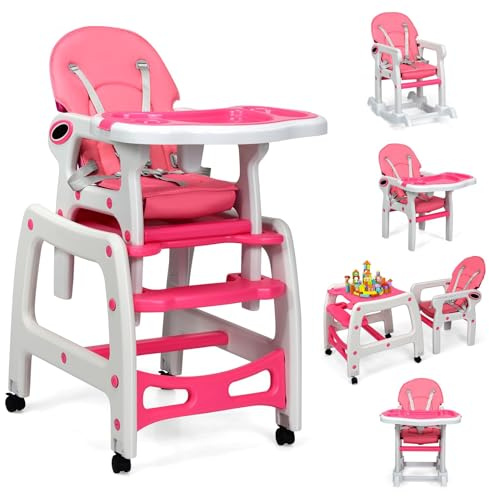 Fantaskk 3-i-1-barnstol, barnstol och matstol och barnstolsgrupp, babystol med avtagbar dubbelbricka och 5-punkts säkerhetsbälte (rosa)
