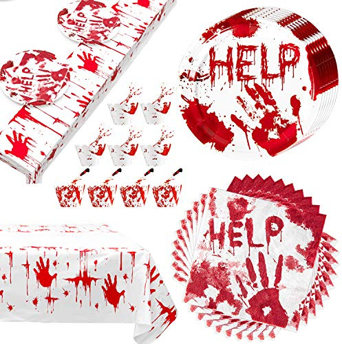 109Pcs Halloween Bloody Tableware Set 20Pcs Paper Plate 40Pcs Napkin 48Pcs Cupcake Wrapper Topper Tablecloth Scary Blood Handprints Disposable Dinnerware for Halloween Party Supplies