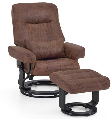M MCombo Sillón de Relax con función reclinable, sillón de Lectura, Giratorio 360°, con Taburete, con cojín y Bolsillo Lateral, soporta hasta 120 kg, para salón, 9035 (marrón-Microfibra)