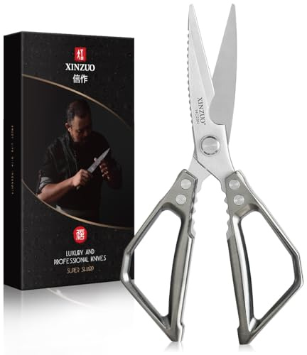 XINZUO Tijeras de Cocina Acero Inoxidable Sandvik-Mango de Aleación de Aluminio Plateado -Profesionales Afiladas Acero 14C28N Tijeras Multiusos para Carne,Nueces,Pescado,Verduras-con Caja de Regalo