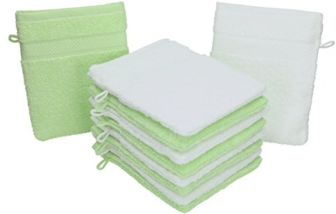 Betz Waschhandschuhe Palermo 10 Stück 16x21 cm – 100% Baumwolle 360g/m² – Weiche Frottee Waschlappen – Pflegeleicht & saugstark – Farbe Weiß/Grün