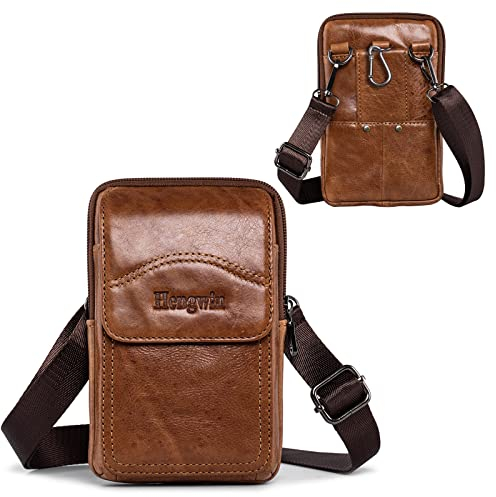 Hengwin Echtes Leder Gürteltasche Schultertaschen Handy Halter Holster für iPhone 16 15 14 12 11Pro Max 16 15 Plus Gürteltasche für Galaxy S25 S24 S23 S22 S21 Ultra S25+ A06 F06 5G (Braun)