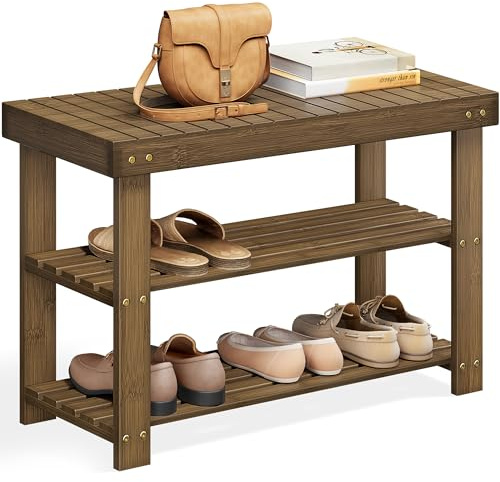 SONGMICS Shoe Rack Bench, 3-Tier Bamboo Shoe Storage Organizer, Entryway Bench, Holds Up to 286 lb, 11.3 x 27.6 x 17.8 Inches, for Entryway Bathroom Bedroom, Yellow Brown ULBS04WL