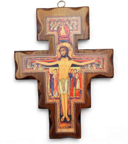 Crucifijo San Damiano de madera – de pared – Fabricado en Umbria Italia – (19 x 14 cm)