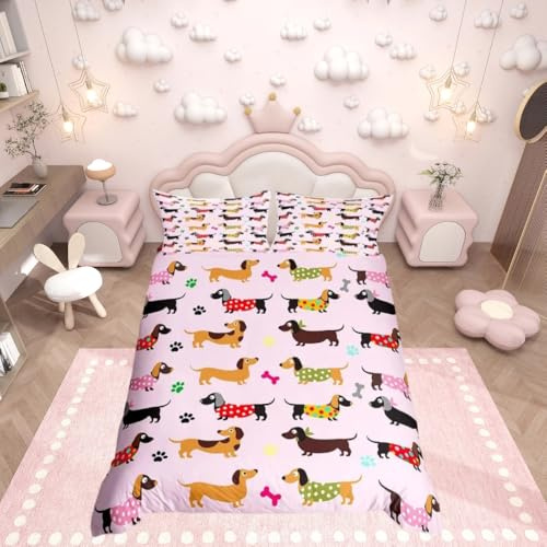 Homemissing Set di biancheria da letto per cani con bassotto carino per bambini ragazze bassotto per cuccioli e cuccioli copripiumino Kawaii per animali domestici 2 pezzi con cerniera taglia singola