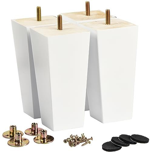 La Vane 6 inch / 15cm Solid Wood Furniture Legs Set of 4, White Square Pyramid Replacement Feet for Couch Sofa Armchair - Mid-Century Modern with M8 Bolt & Metal Mounting Plates