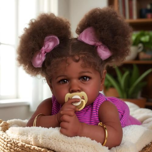 JIZHI Poupée Reborn Africain 22 Pouces Réaliste Bébé Fille Corps Doux Réaliste Nouveau-né Bébé Poupées Vraie Vie Bébé Poupées Noir Yeux Peau Caramel Cheveux Bouclés Cadeau
