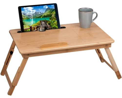 BAKAJI Tavolino Vassoio Colazione da Letto in Bamboo, Con Gambe Pieghevoli e Telescopiche Ideale per Divano Porta Notebook Pc (50 x 30 x 27,5 cm)