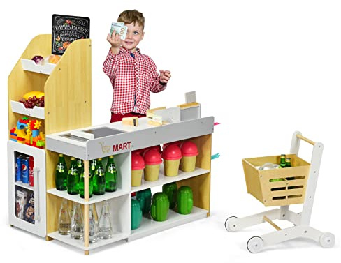 RELAX4LIFE Cassa da Gioco con Carrello per Bambini, Banco con Scaffale Espositore e Frigo, Registratore con Scanner e POS e Accessori Completi, Gioco d’Imitazione di Supermercato e Negozi