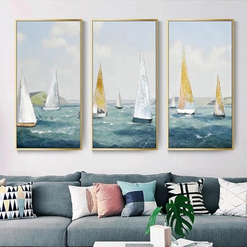 Cuadro al óleo sobre lienzo con diseño de barco de velero, póster de barco dorado, arte de pared de océano, imágenes abstractas de olas para decoración del hogar, 70 x 100 cm, sin marco