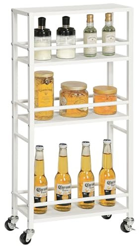 MAHANCRIS Servierwagen mit Rollen, Rollwagen mit 4 Ebenen, Küchenwagen mit Geländer, Barwagen mit Bremsen, Getränkewagen, für Küche, Wohnzimmer, Esszimmer, Weiß ARCBW1401