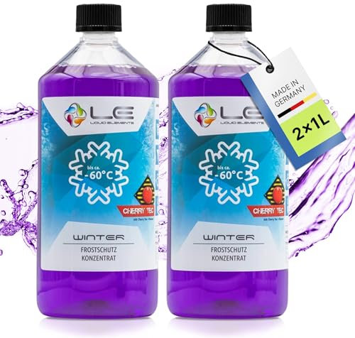 Liquid Elements – Winter Frostschutz Konzentrat 2x 1L – Frostschutzmittel schlierenfrei & wirksam bis -60°C – Scheibenfrostschutz verhindert das Einfrieren von Scheibenwaschanlagen (Cherry Tec)
